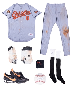 2001 Cal Ripken Jr. Game Used, Signed & Photo Matched Orioles Road Uniform (Jersey & Pants) With Cleats & Game Ball For Last Game at Tampa Bay on 8/23/2001 (Ripken LOA & Resolution Photomatching)